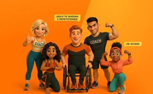 Cinco &ldquo;FitBuddies&rdquo; ilustrados de Basic-Fit posan juntos: Energy salta alegremente vestida de naranja y turquesa; Glow levanta el pulgar con un crop top &ldquo;COACH&rdquo;; Vibe realiza una postura de yoga vestida de negro y naranja; Power posa con seguridad con una camiseta negra &ldquo;COACH&rdquo;; y Strive sonr&iacute;e con los brazos cruzados en una silla de ruedas deportiva.