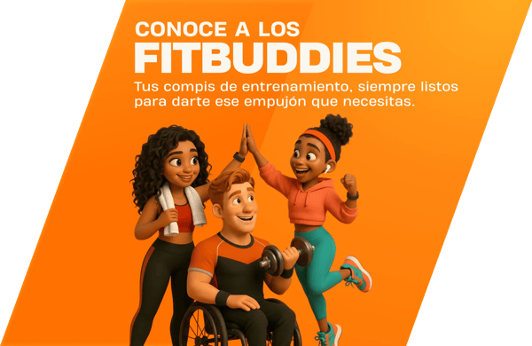 Los personajes ilustrados &ldquo;Energy&rdquo; y &ldquo;Vibe&rdquo; est&aacute;n sentados en el suelo sobre un fondo naranja y se sonr&iacute;en. Energy lleva una sudadera corta naranja, leggings turquesa y zapatillas turquesa y naranja, y sostiene una zapatilla en la mano. Vibe lleva una camiseta naranja sin mangas y leggings negros y est&aacute; sentada descalza con las piernas cruzadas. El texto blanco dice: &ldquo;MEET YOUR FITBUDDIES &ndash; Your workout buddy that&rsquo;s always ready to boost your mood!&rdquo;