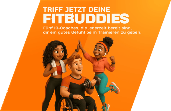 Die illustrierten Figuren &bdquo;Energy&ldquo; und &bdquo;Vibe&ldquo; sitzen vor einem orangefarbenen Hintergrund auf dem Boden und l&auml;cheln sich an. Energy tr&auml;gt einen kurzen orangefarbenen Hoodie, eine t&uuml;rkise Leggings und t&uuml;rkis-orange Sneaker und h&auml;lt einen Schuh in der Hand. Vibe tr&auml;gt ein &auml;rmelloses orangefarbenes Oberteil und eine schwarze Leggings und sitzt barfu&szlig; mit gekreuzten Beinen. Der wei&szlig;e Text lautet: &bdquo;MEET YOUR FITBUDDIES &ndash; Your workout buddy that&rsquo;s always ready to boost your mood!&ldquo;