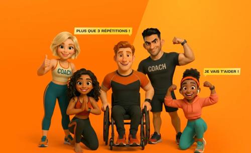 Cinq &laquo; FitBuddies &raquo; Basic-Fit illustr&eacute;s posent ensemble : Energy saute joyeusement en orange et turquoise ; Glow l&egrave;ve le pouce dans un crop top &laquo; COACH &raquo; ; Vibe prend une pose de yoga en noir et orange ; Power pose avec assurance dans un t-shirt noir &laquo; COACH &raquo; ; et Strive, dans un fauteuil roulant de sport, sourit les bras crois&eacute;s.